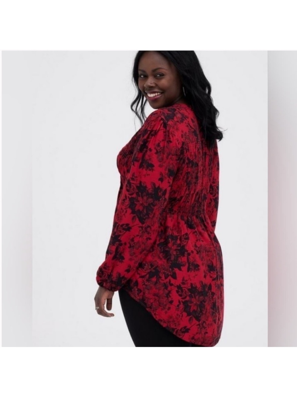 Torrid Smocked Babydoll Tunic 2X Red Black Floral Button Front High Low Top - Picture 4 of 8